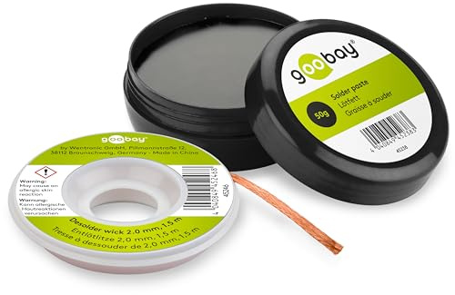 goobay 74096 Tresse à dessouder 2mm cuivre pur 50g/fil à dessouder pour enlever l'étain de soudure/conductivité thermique idéale Tresse à souder 1,5m + pâte à souder