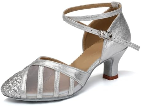YCALCP Zapatos de Baile Latino Mujer con Lentejuelas con tacón Medio Salsa Tango salón de Baile,105-Plateado-5.5CM,37.5 EU