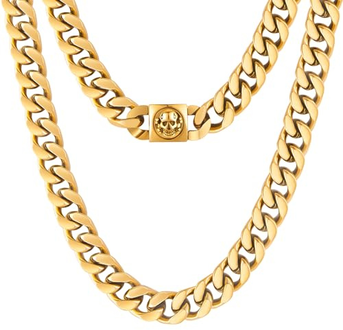 KRKC&CO 12mm Herren Panzerkette mit Totenkopf Verschluss, 18K Gold plattiert Cuban Link Chain, Edelstahl Miami Kubanische Gliederkette Goldkette, Hip Hop Halskette für Männer Jungen [Größe 61cm]