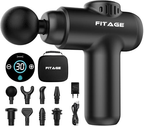 FITAGE Massagepistole, Leises Massagegerät mit 30 einstellbaren Geschwindigkeitsstufen, Massage Gun, 8 Aufsätze für Tiefengewebe, Schulter, Rücken und Ganzkörperentspannung, Massage-Pistole – Mini
