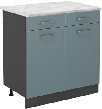 Vicco Küchenunterschrank R-Line, Blau-Grau, 80 cm | 2 Schubladen · AP Marmor inkl. · Höhenverstellbare Füße · 2 Türen · ✓ Leichter Zugriff