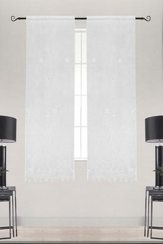 HOME ZEN HOUSEHOLD LINEN Tendine per Finestra, Coppia di 2 Pezzi, 60 cm Larghezza, 150/240 cm Lunghezza, Bianco Rigato con Balza Macramè, Asola Unica (BIANCO, 60X150 CM)