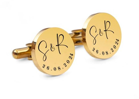 2 Manschettenknöpfe mit Gravur für Männer in Gold Motiv 03, personalisiertes Geschenk mit Initialien, silberner Schmuck für Herren, als Hochzeitsgeschenk, zum Jahrestag, zum Hochzeitstag
