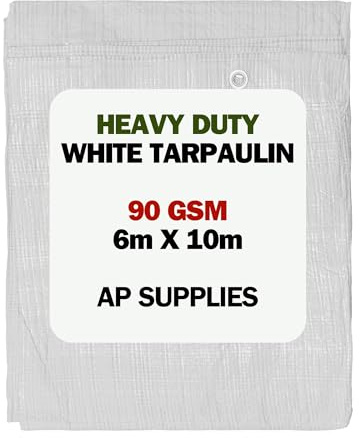 AP Supplies 90gsm M-Grade White Tarpaulin 6m x 10m – Waterproof, UV & Weather Resistant Sheet Cover for Camping, Construction, Gardening & Equipment Protection