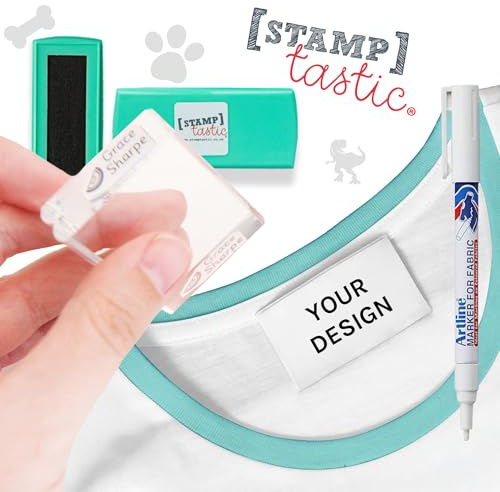Stamptastic Personalised Name Stamp for Clothes Kids Deluxe Bundle | Quick & Easy Name Labels for School & Nursery | Name Stamp, Ink Pad & Fabric Pen | Customisable Fonts & Icons | Waterproof