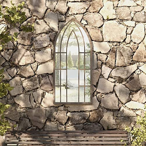 LAPOOH Gartenspiegel, Spiegel Fenster, Kirchenfenster, Fensterförmiger Spiegel, Window Mirror, Fensterspiegel, Wandornament, Spiegel Landhausstil, Sand 100x45 cm Eisen