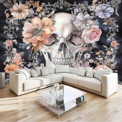 Vlies Fototapete 3D Effekt Schwarz Retro-Stil Totenkopf Blumen Vliestapete - Wandtapete Für Wohnzimmer Schlafzimmer Büro Flur Tapete Kinderzimmer Jungen Mädchen Wandtapete 300 x 210 cm