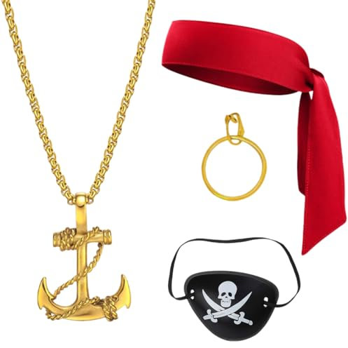WUSJCOF 4 Stück Piraten Accessoires Set Damen Herren Kinder, Piratenkostüm Zubehör mit Augenklappe, Bandana, Kopftuch, Creolen und Halskette für Halloween, Karneval, Piratenparty