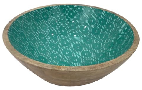Grand Saladier en Bois de Manguier, Ø30,5 cm, Intérieur Bleu à Motifs Marins, Collection SEA, Design Graphique, Contenance 3L