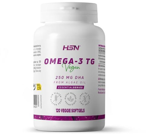 HSN DHA Vegano 250mg | 120 Perlas Vegetales | Omega 3 Vegano en forma de Triglicéridos Naturales [TG] | 500mg Aceite de Algas (Schizochytrium sp.) por dosis diaria | No-GMO, Sin Gluten