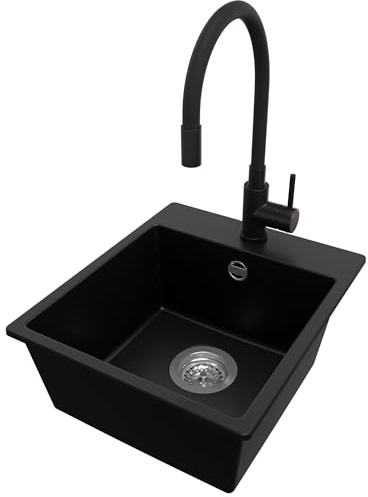 PRIMAGRAN Granitspüle ab 40er Unterschrank + Küchenarmatur, 38x44cm | Set: Küchenarmatur BW6020 + Ablauf-Set (Siphon, Ablaufgarnitur, Überlauf) + Spülbecken 1 Becken - Riga Easy, Schwarz