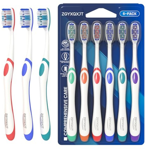ZGYXQXJT Adult Hard bristled Manual Toothbrush with Excellent Cleaning Effect, Equipped with Tongue Coating Brush and Wavy bristles for More Effective Cleaning of Teeth（6pack）