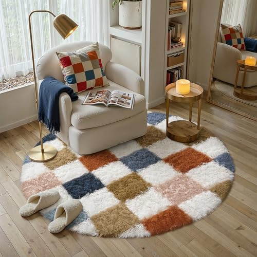 HUGEAR Kariert Flauschig Teppich Rund 120cm Multicolore Weiß Shaggy Carpet