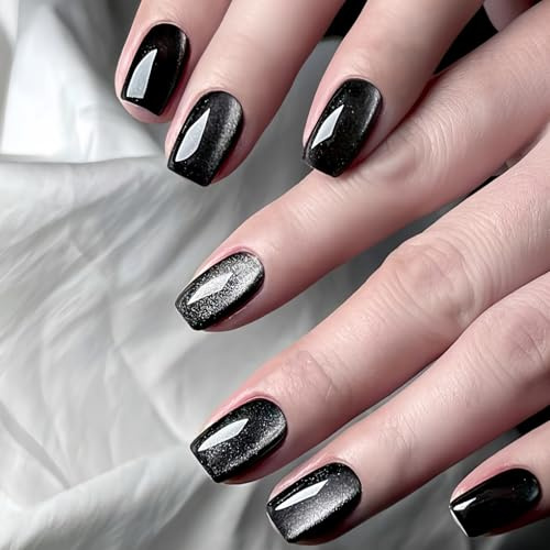 Ceboic 24 Stück French Press on Nails, Kurz Eckig Fingernägel zum Aufkleben Schwarz Katzenauge Falsche Nägel mit Design, Glitzer Akrylnägel Glossy Künstliche Nägel für Frauen & Mädchen