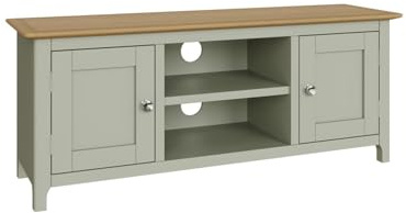 FWStyle Sage Green Oak 2 Door TV Unit with Oak Veneer Top, Ready Assembled Media Stand with Internal Storage and Cable Management, Modern Living Room Furniture, W110 x H44 x D35cm