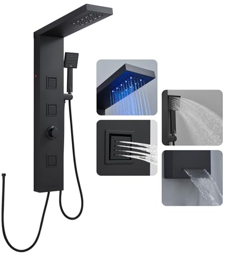 ROVOGO Komplett Schwarze Duschpaneel ohne Armatur mit LED, 4 Funktionen Duschpaneele - Regendusche, 3 Eckige Massagedüsen, Handbrause, Wanneneinlauf, Edelstahl Duschsäule für Badezimmer, Wandmontage