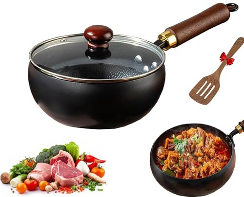 Unbeschichtete Eisenpfanne, handgeschmiedeter Eisen-Bauchtopf, Eisenbratpfanne, vielseitiges Kochgefäß zum Simmern und Braten bei hoher Hitze, Induktionsherd-kompatibel (Glas Topfdeckel, 28CM)