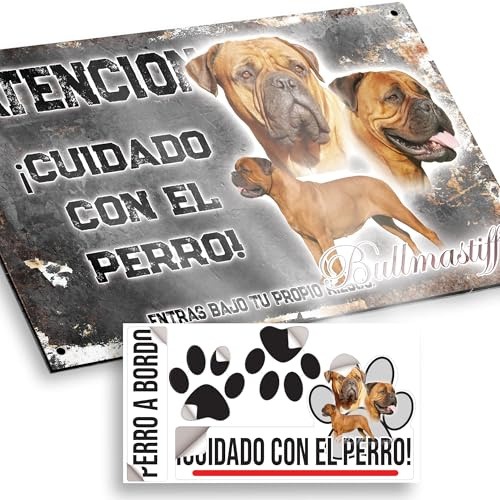 Perro Bullmastiff Cartel de Perro Cuidado Perro 29x18cm - Diseño Vintage Dibond con Pegatina Coche 20x5cm