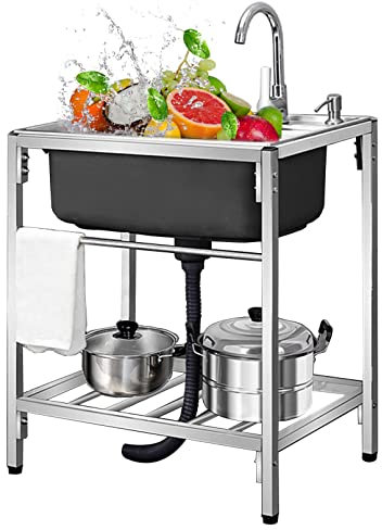 Lavello indipendente per bagno, cucina, commerciale, in acciaio inox, a una vasca con ripiani portaoggetti, per ristorante, lavamani, vasca per lavanderia
