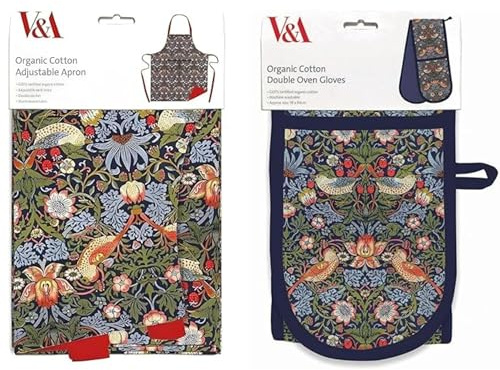 Museums & Galleries Double Oven Glove and Apron Set - William Morris 'Strawberry Thief' - Organic Cotton - Artistic Botanical Design - Stylish Kitchenware