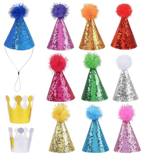 RxaGtn Partyhüte für Kuscheltiere, Mini Partyhüte für Kindergeburtstag, 12pcs Set mit 2 Geburtstagskronen und 10 Pompom-Hüten, Ideal für Geburtstagsfeiern und Foto-Props age14+