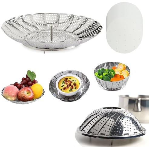 Dampfeinsatz für Topf,Edelstahl Einstellbar Dünsteinsatz inklusive 50 Stück 10 cm Dampfkorbpapier für Kochtöpfe und verschiedenes Kochen(15-25cm)