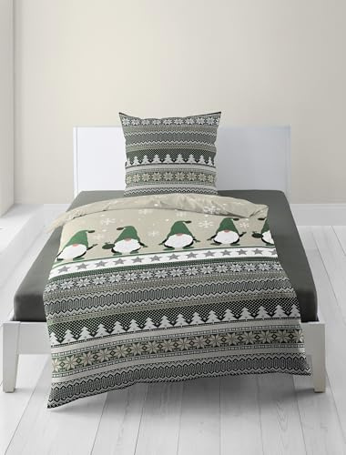 Bierbaum Parure de lit 4051 en Flanelle Fine, 100% Coton, conçue en Allemagne, Vert 30, 135 x 200 cm + 80 x 80 cm