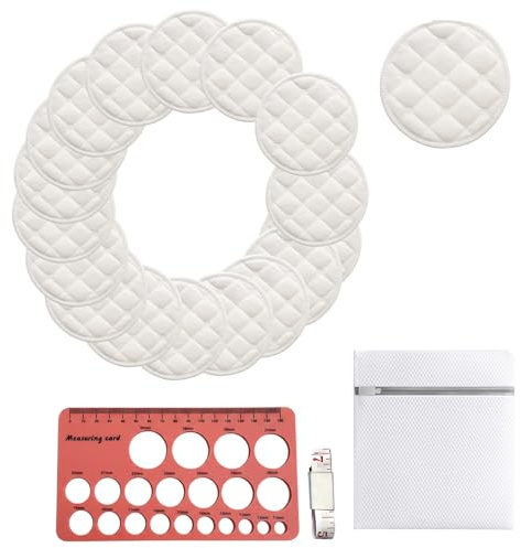 ROBGZMQW 18-Piece Reusable Breast Pads, Breast Pads Maternity, Nursing Pads For Breastfeeding Set With Laundry Bag And Flange Sizing Kit, Washable Maternity Nipple Pads, Soft And Absorbent Br White