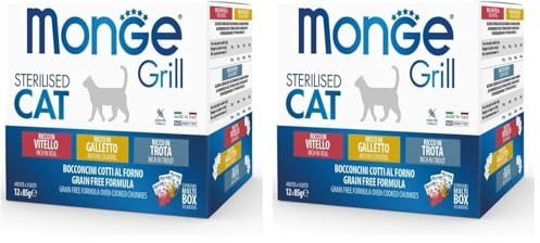 Monge Grill STERILIZZATO MULTIPACK CON POLLO, TROTA, VITELLO, cibo umido per gatti (cibo per gatti multipack con pollo, trota, vitello, ricco di vitamine, senza cereali, facilmente digeribile, 85 g)
