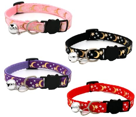 4 Pack Reflective Cat Collars with Bell, Quick Release, Moon Star | Reflective quick-release cat collars with bells help kittens stay visible and easy to hear for daily wear.