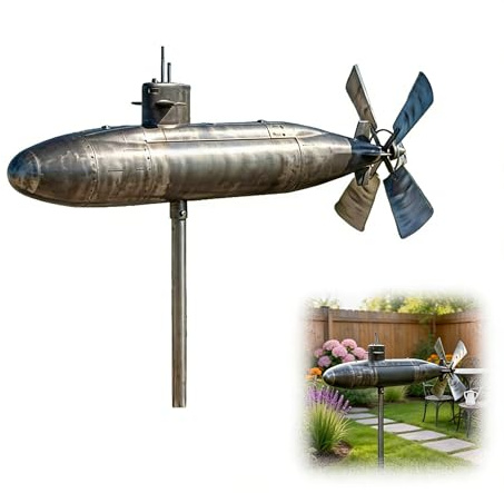 Submarine Shaped Garden Wind Spinner, Metal Windmill Weather Vane, Rustproof Wind Sculpture with Stable Pole, Unique Nautical Yard Art for Garden Lovers