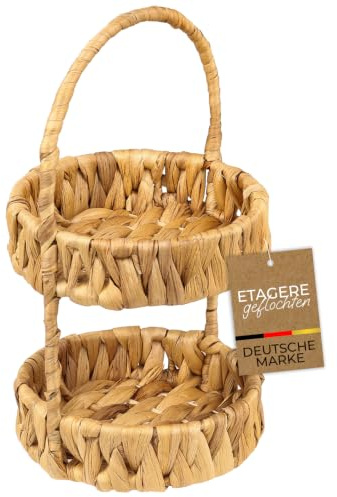 HMF Etagere 2-stöckig aus Wasserhyazinthe mit Henkel, handgeflochtene Aufbewahrungskörbe rund, Boho Deko Organizer für Bad, Küche, Flur & Wohnbereich 30 x 17 x 17 cm | Natur