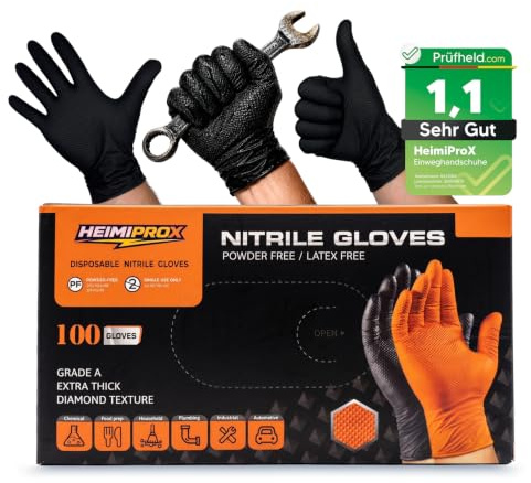 HEIMIPROX Guantes de nitrilo extra gruesos con textura de diamante para un agarre fuerte, guantes desechables sin polvo, guantes sin látex, sin silicona, puño reforzado, negro (M, 100, 1)