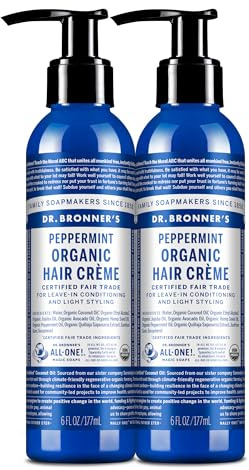 Dr. Bronner's - Organic Hair Crème (Peppermint, 6 Ounce, 2-Pack) - Leave-In Conditioner and Styling Cream, Made with Organic Oils, Hair Cream Supports Shine and Strength, Nourishes Scalp, Non-GMO