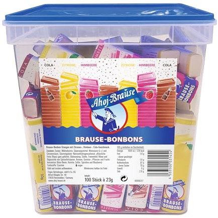 Frigeo Ahoj-Brause Brause-Bonbon-Stangen Brause-Bonbons verpackt als Stange 3 verschiedene Geschmacksrichtungen: Zitrone, Cola und Himbeere - 2.3 kg Eimer mit 100 Stangen