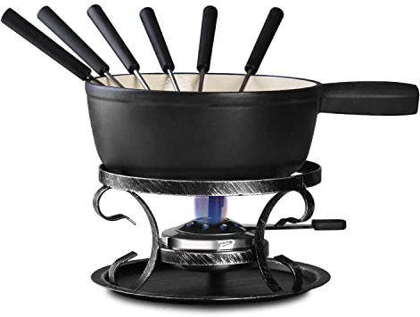 Artestia Käsefondue-Set aus Gusseisen, traditionelles Schweizer Gusseisen-Fondue-Set für Käse, Fleisch und Schokolade (schwarz matt)