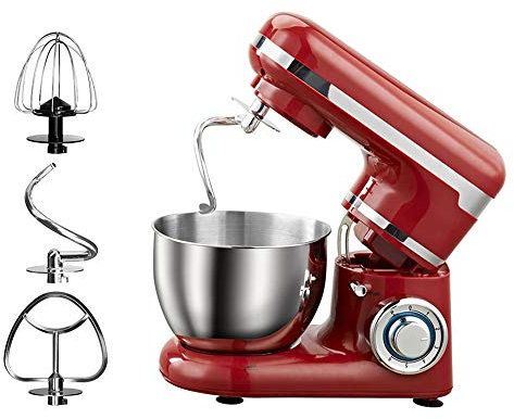 WXX Robot Pâtissier Silencieux Professionnel 1200W Robot Pétrin Pétrisseur Pâtisserie Solide Robot De Cuisine Multifonctions avec Bol 4L Batteur Électrique,Fouet,Crochet, Rouge