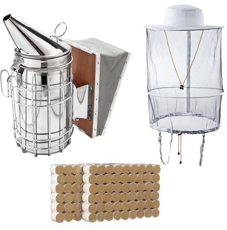 HunterBee Imkerei-Werkzeug-Set,Bienenstock-Räucher,Imker-Zubehör für Imkereibedarf,Bienenzuchtwerkzeug Starterset,Smoker Bienen,imkerhut mit Schleier