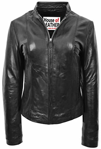 Chaqueta de motociclista de cuero real para mujer estilo casual Zoe negro, Negro, 38