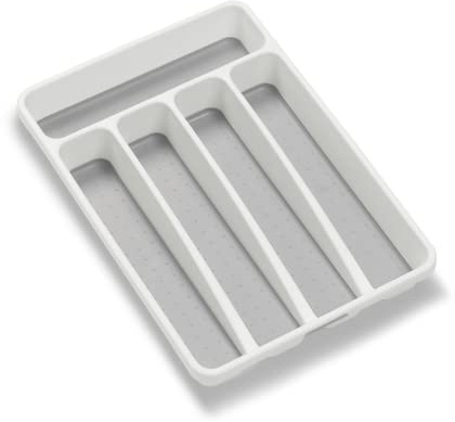 madesmart Premium Small Silverware Tray, Compact 5 Compartment Flatware Organizer for Forks, Knives & Spoons, Non Slip, Soft Grip Lining, Fits Small Drawers, White