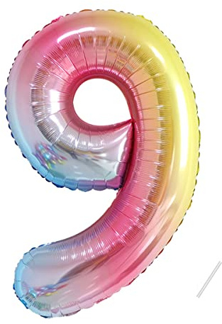 Geburtstag zahlen luftballon 9 jahre | Folienballon 9 XXL Regenbogen Farbverlauf-Riesen Folienballon in 40 - 101cm Geburtstagsdeko - Ballon Zahl Deko zum Geburtstag - fliegt mit Helium