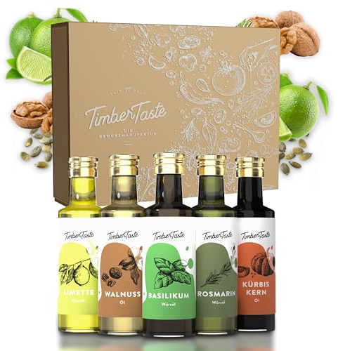 Timber Taste® Würzig Öl Geschenkset Frauen - 5 Aromaöle zum Verfeinern | 5x40 ml würzige Aromaöle - veganes Speiseöl-Probierset, Geschenk für Frauen & Hobbyköchinnen zum Verfeinern & Kochen