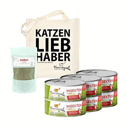 I Love My cat Futterset für ernährungssensible Katzen – Nassfutter mit Insekten 6×100 g + Shiimun Slim 50 g + Jutebeutel – Getreidefrei, natürliche Zutaten, Fokus auf physiologisches Körpergewicht