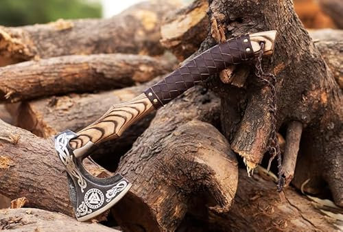 CraftTal-Wikingeraxt handgefertigt mit lederumwickeltem,48 cm EschenholzGriff,Klinge aus 1095 Kohlenstoffstahl, 11,5 cm Klingenschneide, 15 cm Klingenbreite LARP Geschenkbar