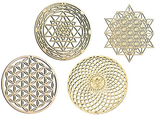 Doumneou 4Pcs Geometria Sacra Wall Art Fiore della Vita Griglia Decorazione In Legno Griglia Bordo di Legno Scultura da Parete di Legno