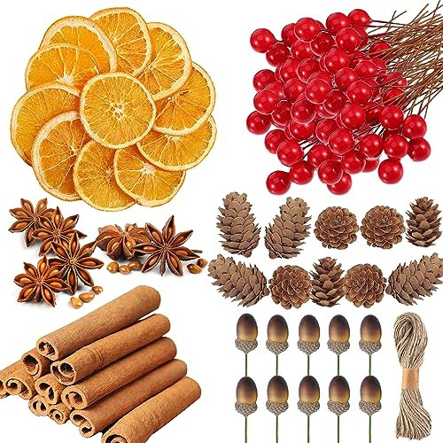 255 Stück Weihnachten Deko Adventskranz, Weihnachtskranz Deko, Weihnachtsdeko mit Tannenzapfen, Zimtstangen, Getrocknete Orangenscheiben, Sternanis, Künstliche Beeren, Eichel, Bastelset Weihnachten