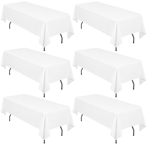 LYAFS Tischdecke für rechteckige Tische, 152,4 x 250,9 cm, Polyester-Tischdecken für rechteckige Tische, schmutzabweisend, waschbar, für Hochzeit, Esstisch, Buffet, Partys, Weiß, 6 Stück