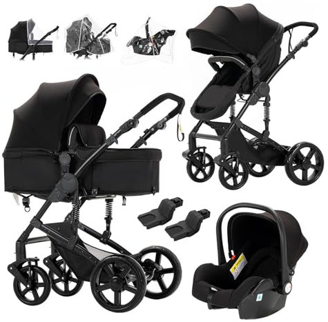 Prokoke Kinderwagen 3 in 1, Buggy mit Umkehrbarem Zwei-Wege-Schub, Kinderwagen mit Rahmen Aluminiumlegierung, Kombikinderwagen 3 in 1 mit Einem Klick Faltbar Kleinkind Baby Neugeborene (588 Black)