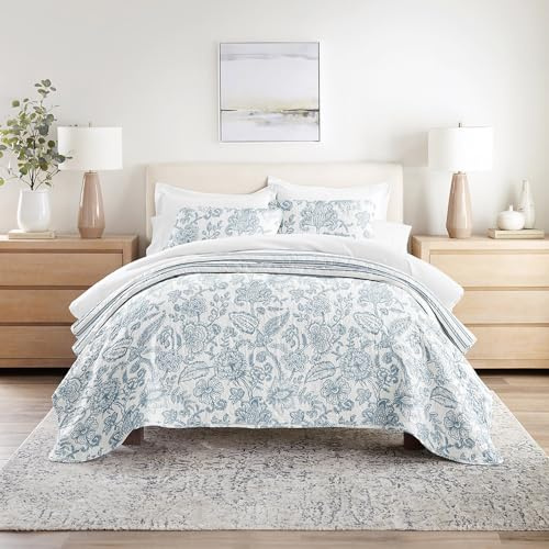 Linen Market Quilt Coverlet Set All Season Patterned Reversible Microfiber Ultra Soft Bedding in Jacobean - King/Cal-King Jacobean Dusk Blue