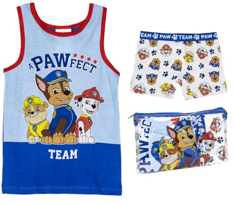 Pack Pijama Corto de Tirantes y Neceser de la Patrulla Canina - Color Azul, Blanco y Rojo - Talla 5 Años - 100% Algodón de 145gsm - Producto Original Diseñado en España